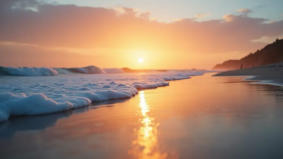 Eye-level view of a calm beach at sunset with gentle waves Eye-level view of a calm beach at sunset with gentle waves