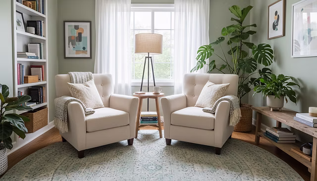 Eye-level view of two empty chairs in a warm therapy room with soft lamps and plants.