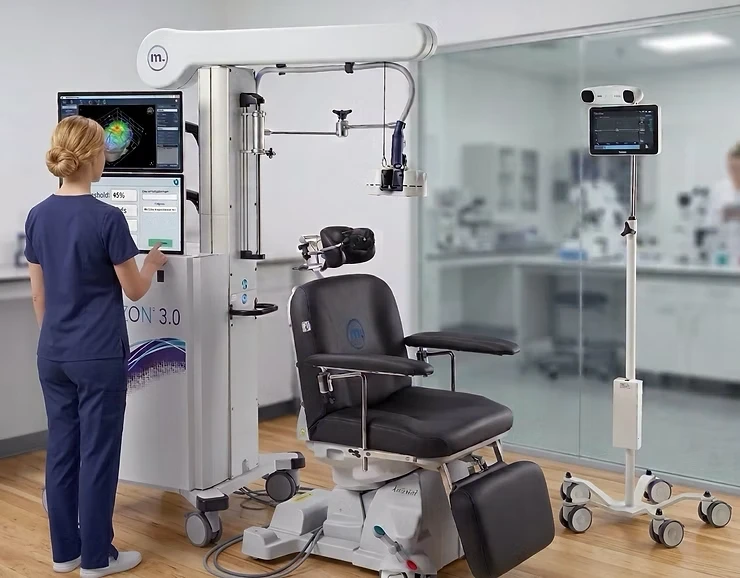 Eye-level view of TMS therapy machine in a clinical room